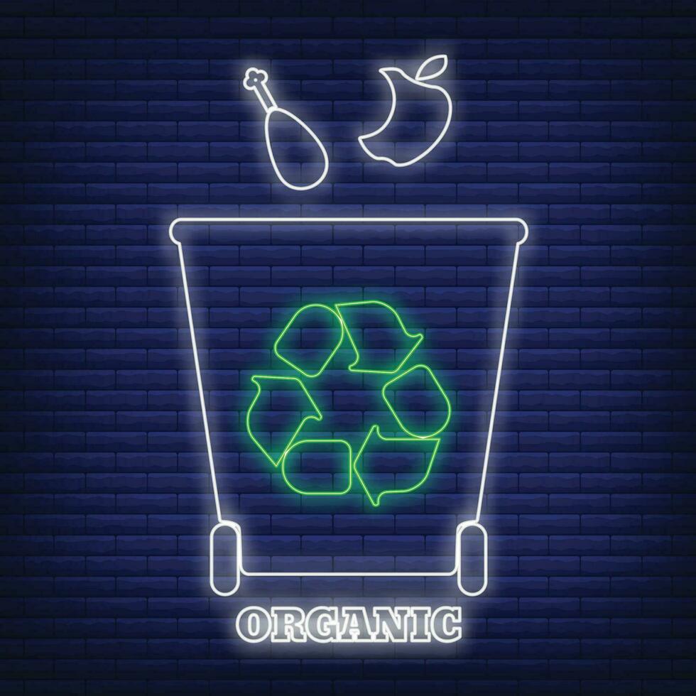 Organic recycling waste sorting container icon glow neon style, environmental protection label flat vector illustration, isolated on black.