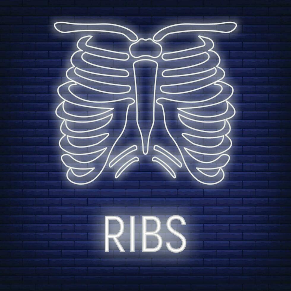 Concept thoracic cage ribs bone icon glow neon style, skeleton part organism, roentgen human body image isolated on black., flat vector illustration.