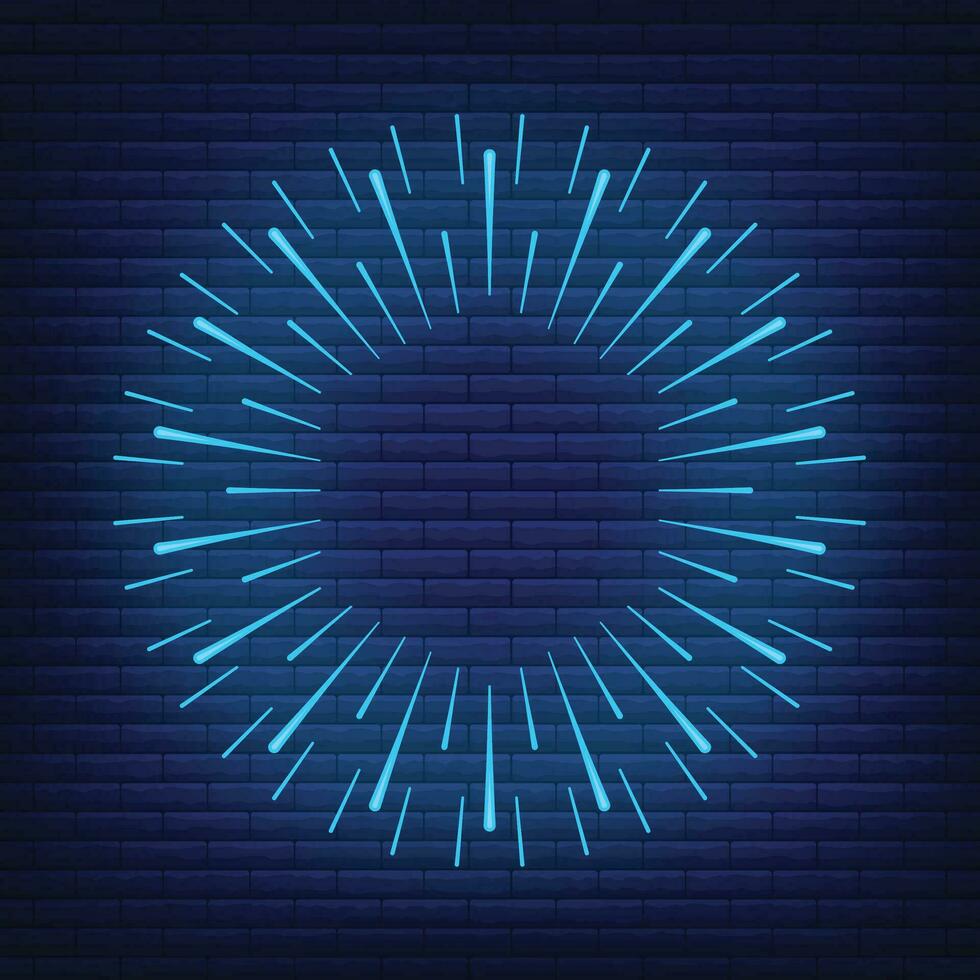 Retro design light sunburst neon style glow geometric shape, vintage rays sunlight explosion icon concept vector illustration, isolated on black wall.