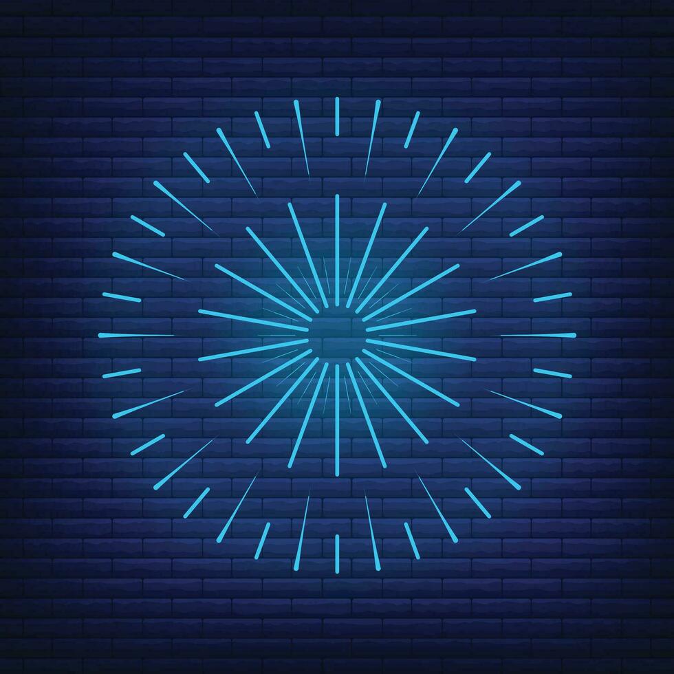 Retro design light sunburst neon style glow geometric shape, vintage rays sunlight explosion icon concept vector illustration, isolated on black wall.