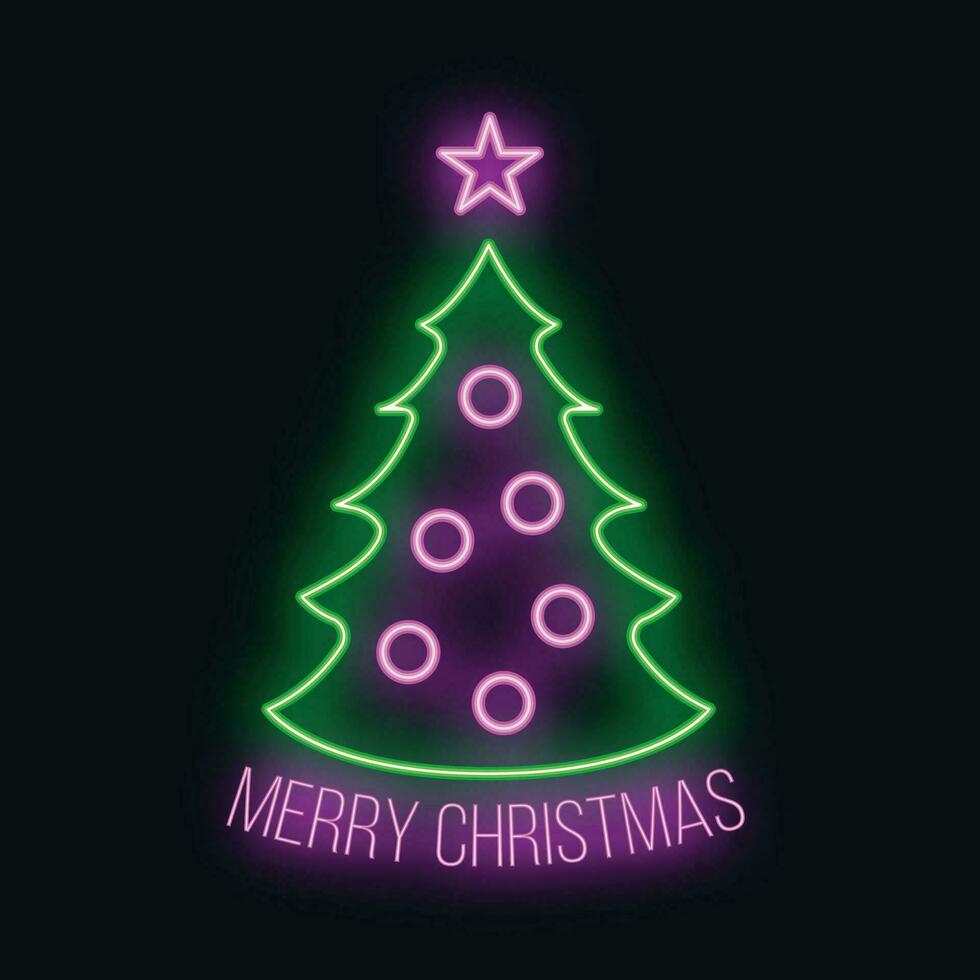 Concept christmas fir tree icon with star green neon glow style, happy new year and merry christmas flat vector illustration, isolated on black.