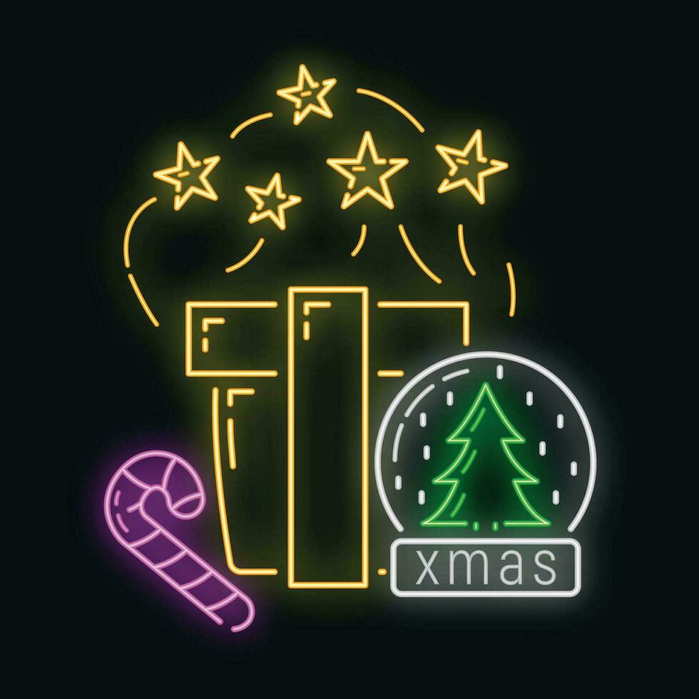Concept happy new year and merry christmas neon glow style icon, xmas label holiday winter time flat vector illustration, isolated on black.