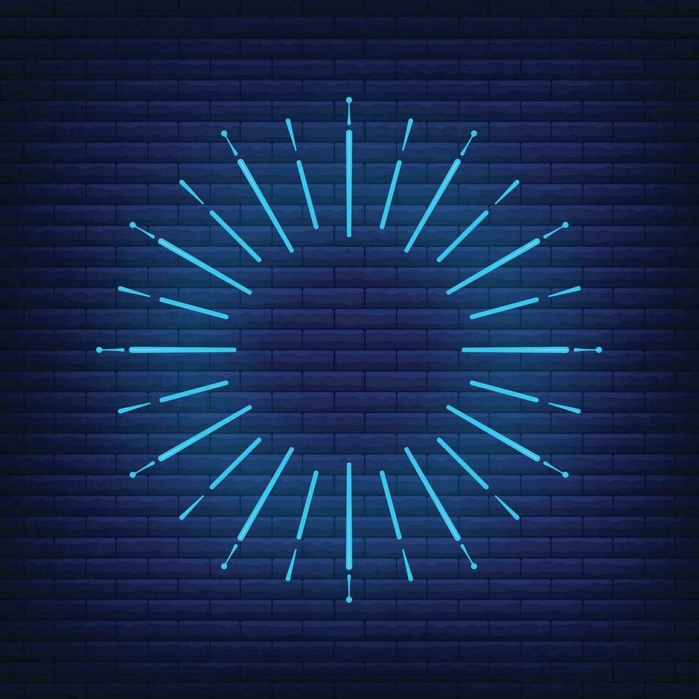 Retro design light sunburst neon style glow geometric shape, vintage rays sunlight explosion icon concept vector illustration, isolated on black wall.