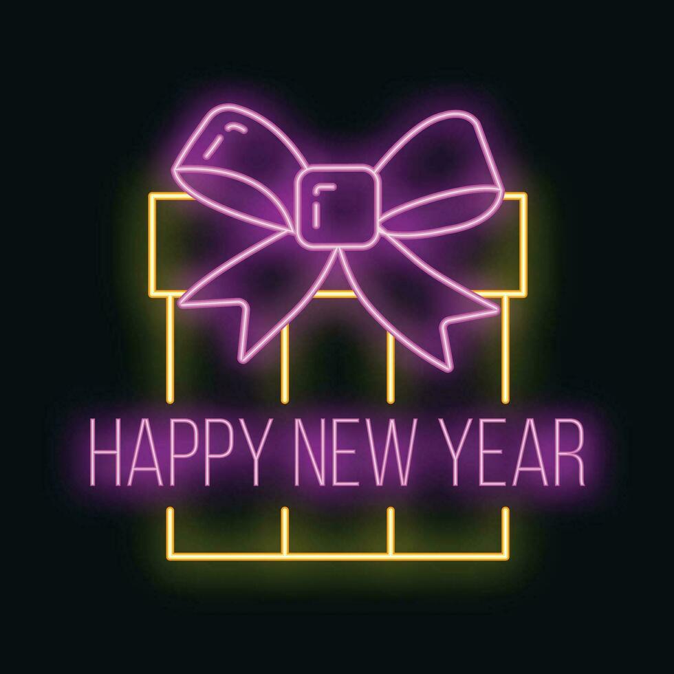 Concept christmas gift box icon yellow neon glow style, happy new year and merry christmas flat vector illustration, isolated on black.