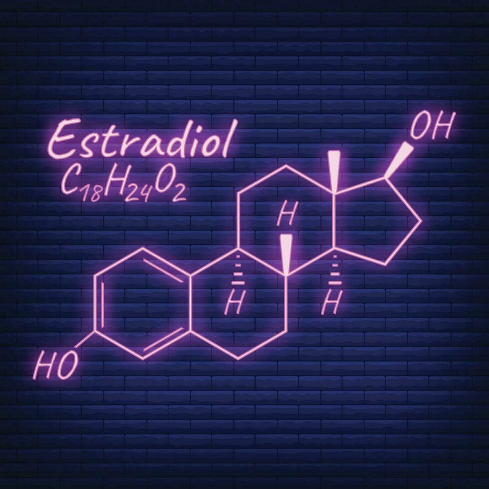 Human hormone estradiol periodic element concept chemical skeletal formula icon label, text font neon glow vector illustration, isolated on black.