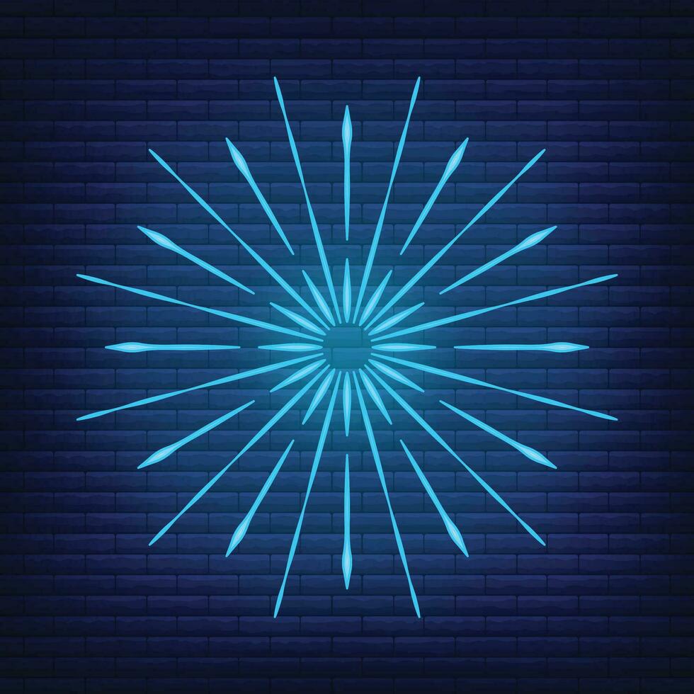 Retro design light sunburst neon style glow geometric shape, vintage rays sunlight explosion icon concept vector illustration, isolated on black wall.