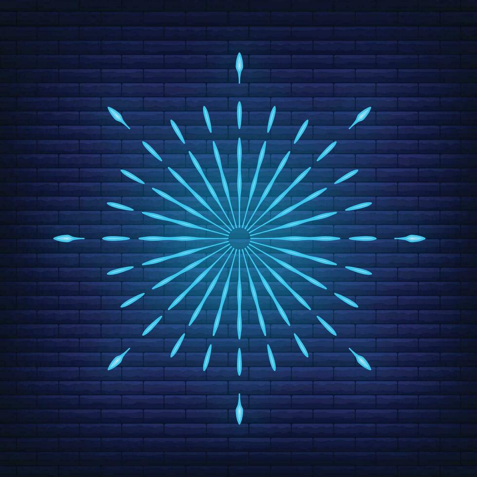 Retro design light sunburst neon style glow geometric shape, vintage rays sunlight explosion icon concept vector illustration, isolated on black wall.