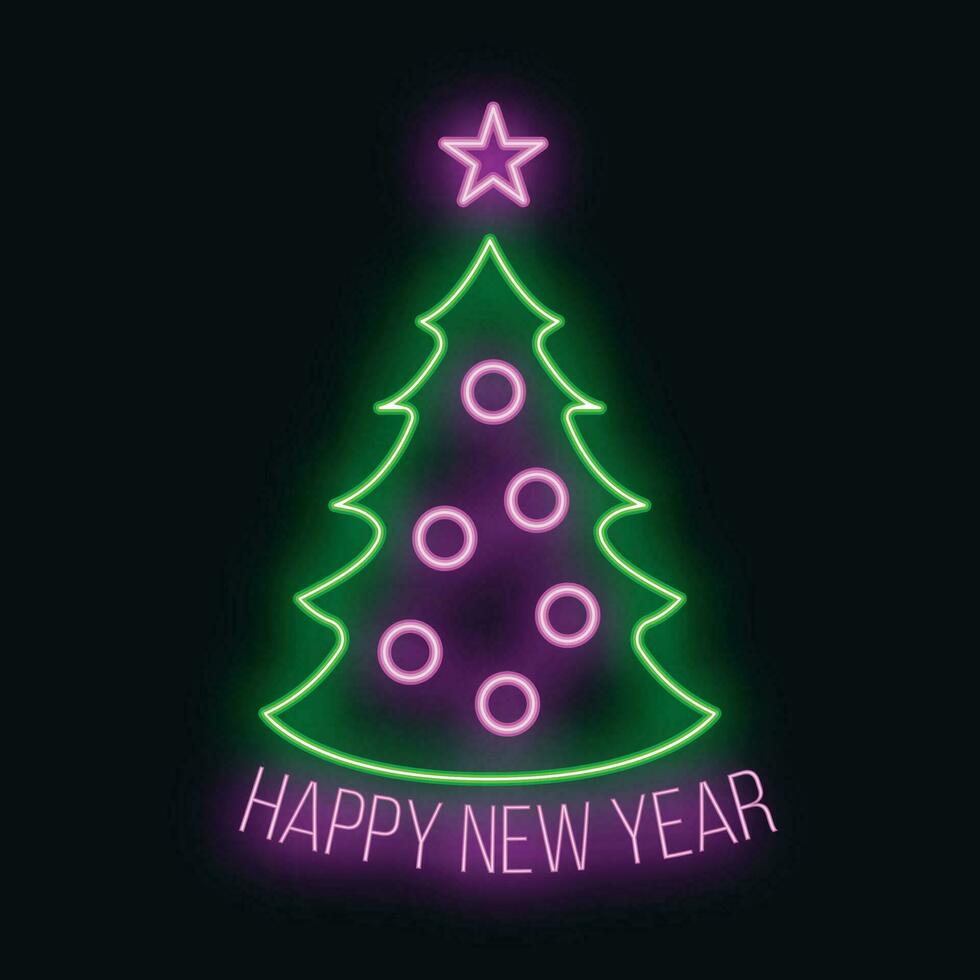 Concept christmas fir tree icon with star green neon glow style, happy new year and merry christmas flat vector illustration, isolated on black.