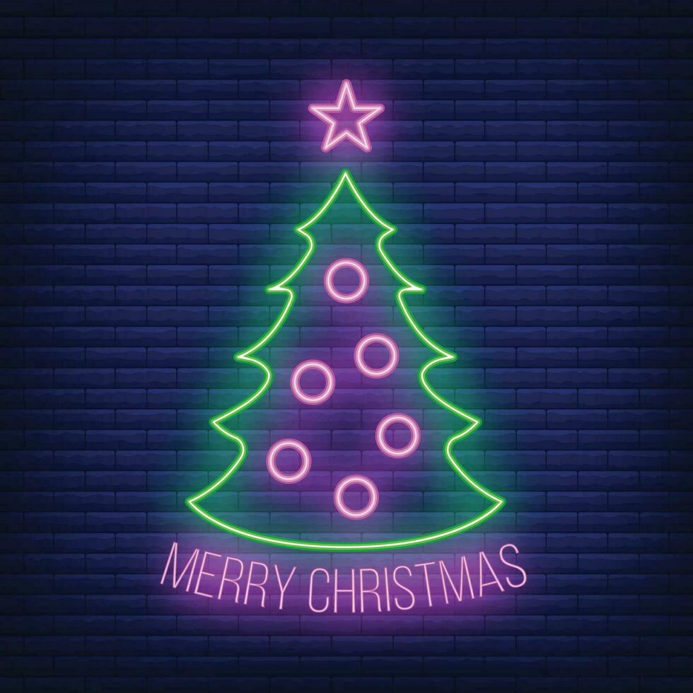 Concept christmas fir tree icon with star green neon glow style, happy new year and merry christmas flat vector illustration, isolated on brick black.