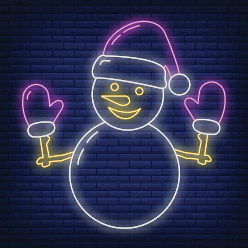 Concept christmas cheerful snowman in hat icon neon glow style, happy new year and merry christmas flat vector illustration, isolated on black.