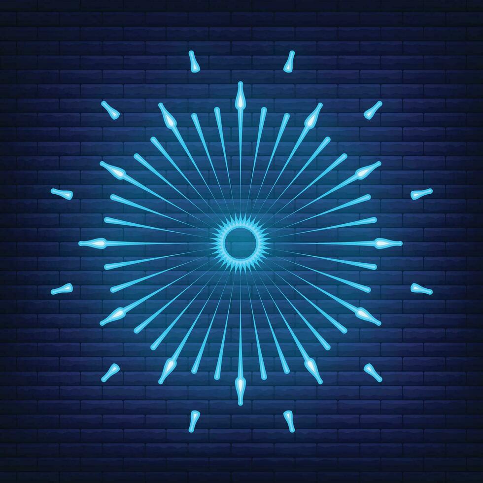 Retro design light sunburst neon style glow geometric shape, vintage rays sunlight explosion icon concept vector illustration, isolated on black wall.