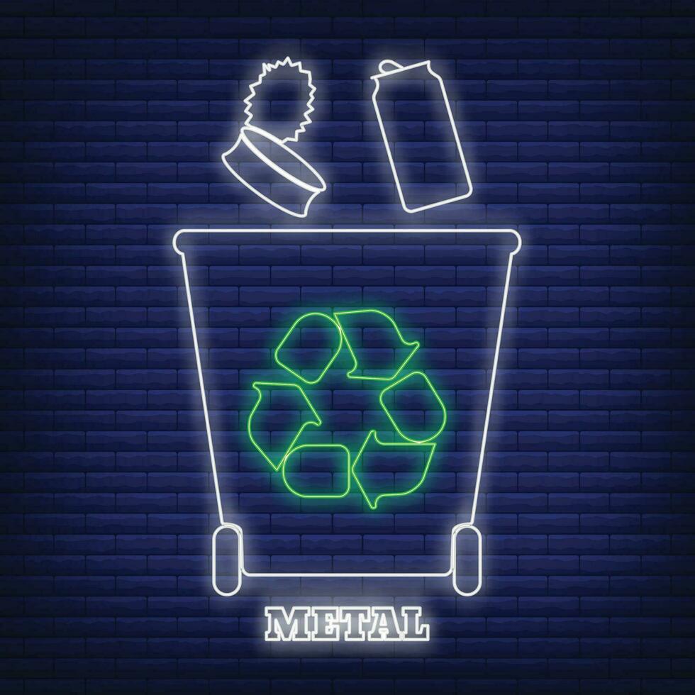 Metal recycling waste sorting container icon glow neon style, environmental protection label flat vector illustration, isolated on black.