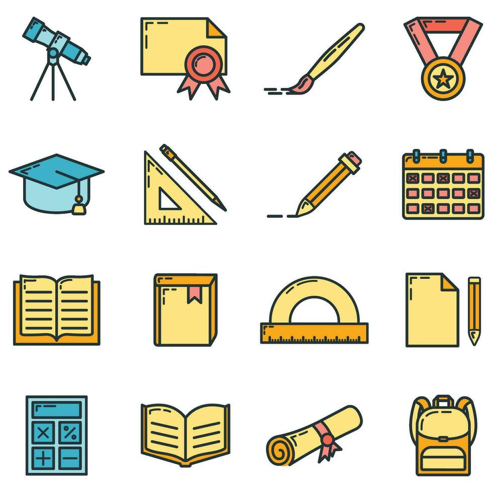 Concept set back to school icon, 16 stationery education item educational institution process, flat outline vector illustration, isolated on white.