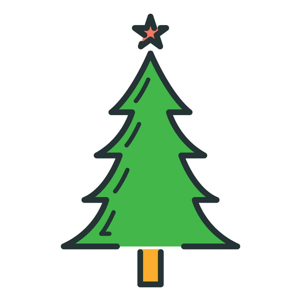 Concept happy new year, merry christmas tree icon, cartoon xmas label holiday winter time flat vector illustration, isolated on white.