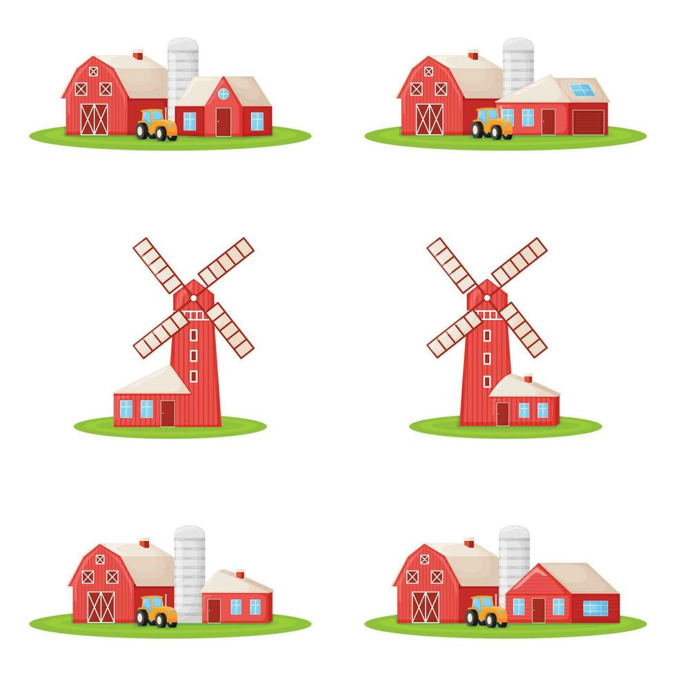 Set of country house with red mill, farm barn and granary building on green farm field plot cartoon vector illustration, isolated on white.