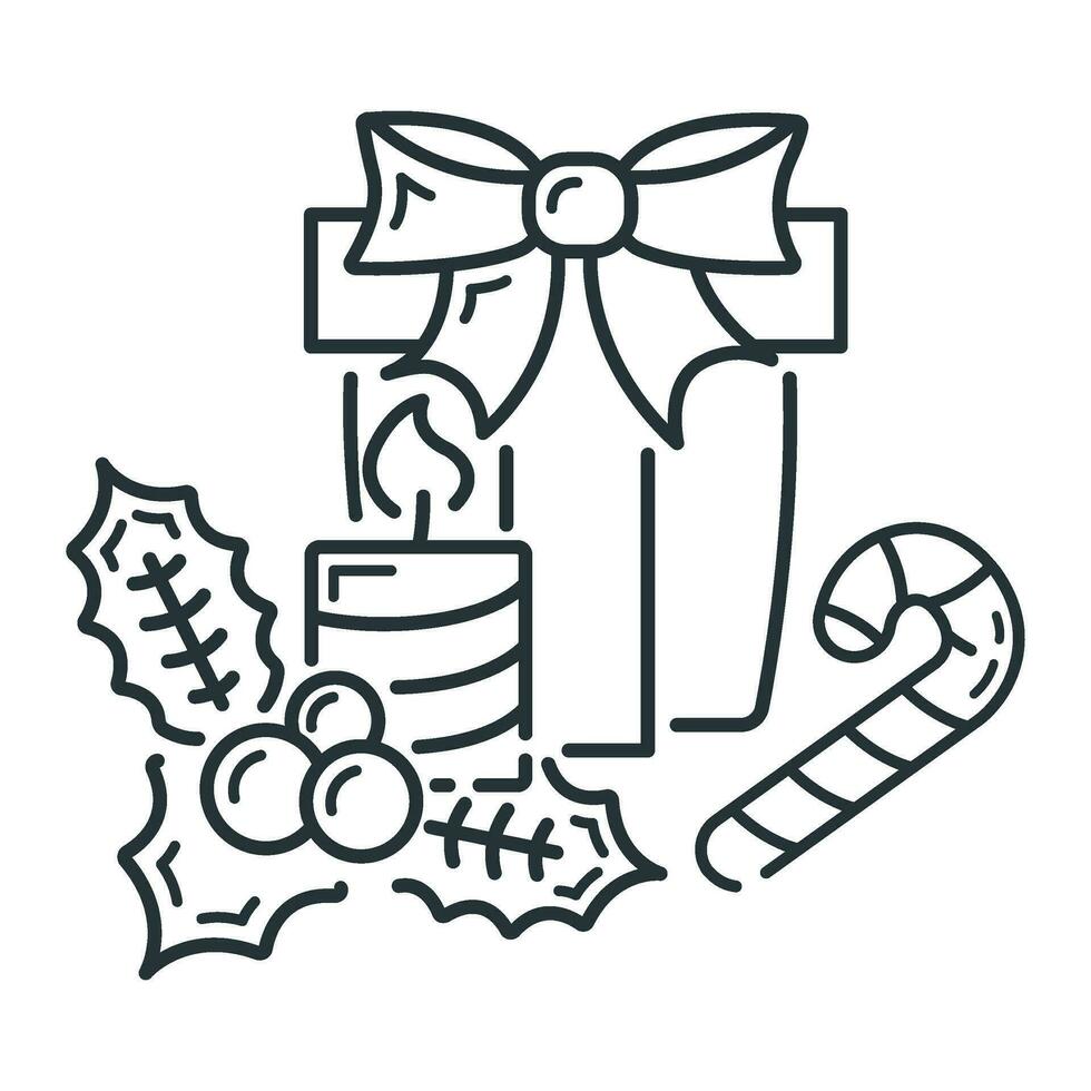 concepto contento nuevo año y alegre Navidad contorno icono, Navidad etiqueta fiesta invierno hora plano vector ilustración, aislado en blanco.