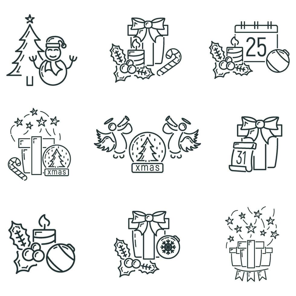 concepto contento nuevo año y alegre Navidad contorno icono, Navidad etiqueta fiesta invierno hora plano vector ilustración, aislado en blanco.