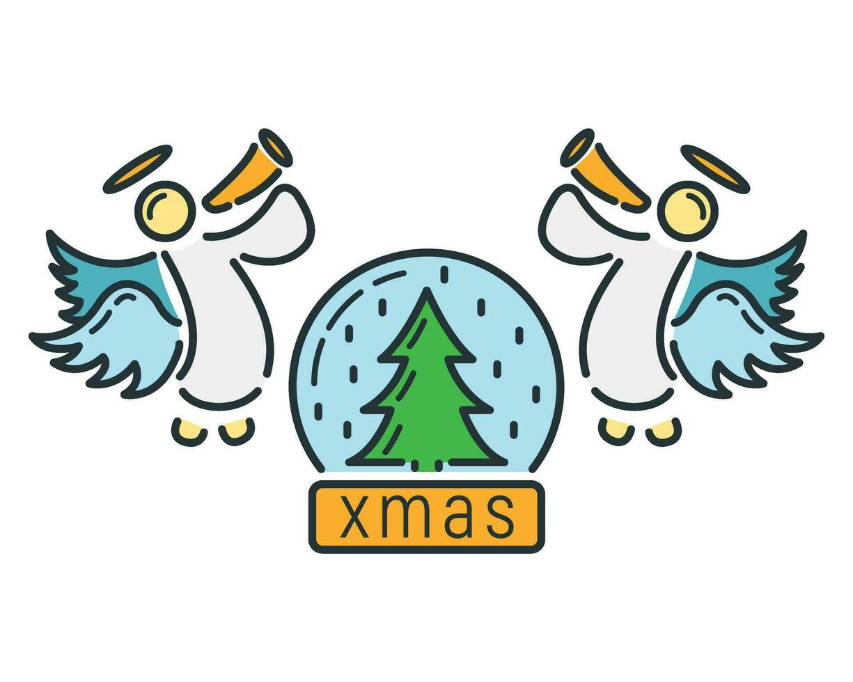 concepto contento nuevo año y alegre Navidad línea dibujos animados icono, Navidad etiqueta fiesta invierno hora plano vector ilustración, aislado en blanco.