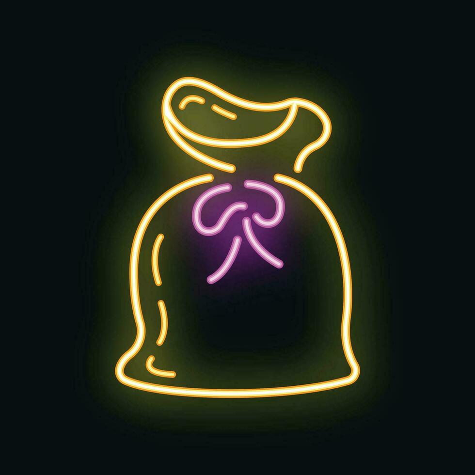 Concept happy new year, merry christmas bag present icon, neon glow xmas label holiday winter time flat vector illustration, isolated on black.