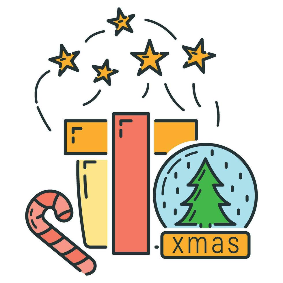 Concept happy new year and merry christmas line cartoon icon, xmas label holiday winter time flat vector illustration, isolated on white.