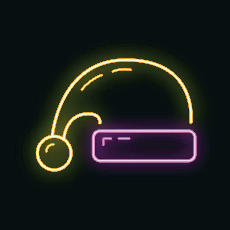 Concept happy new year, merry christmas hat icon, neon glow xmas label holiday winter time flat vector illustration, isolated on black.