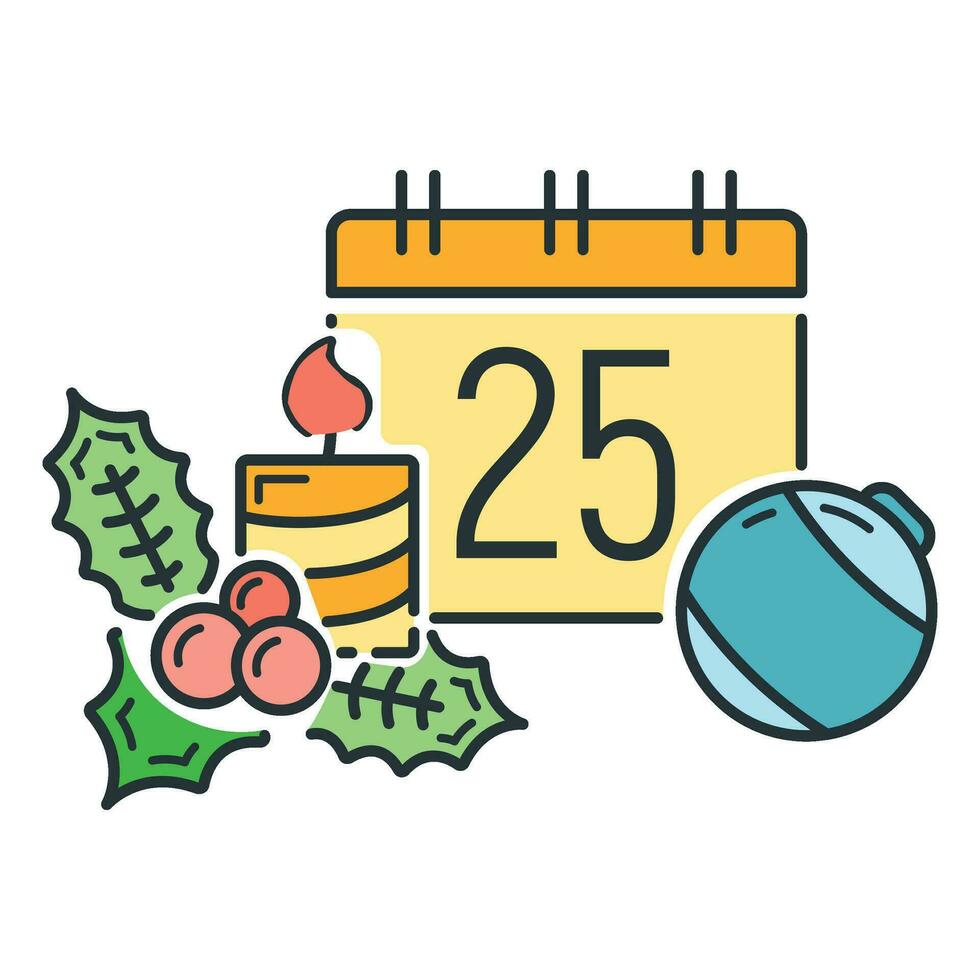 Concept happy new year and merry christmas line cartoon icon, xmas label holiday winter time flat vector illustration, isolated on white.