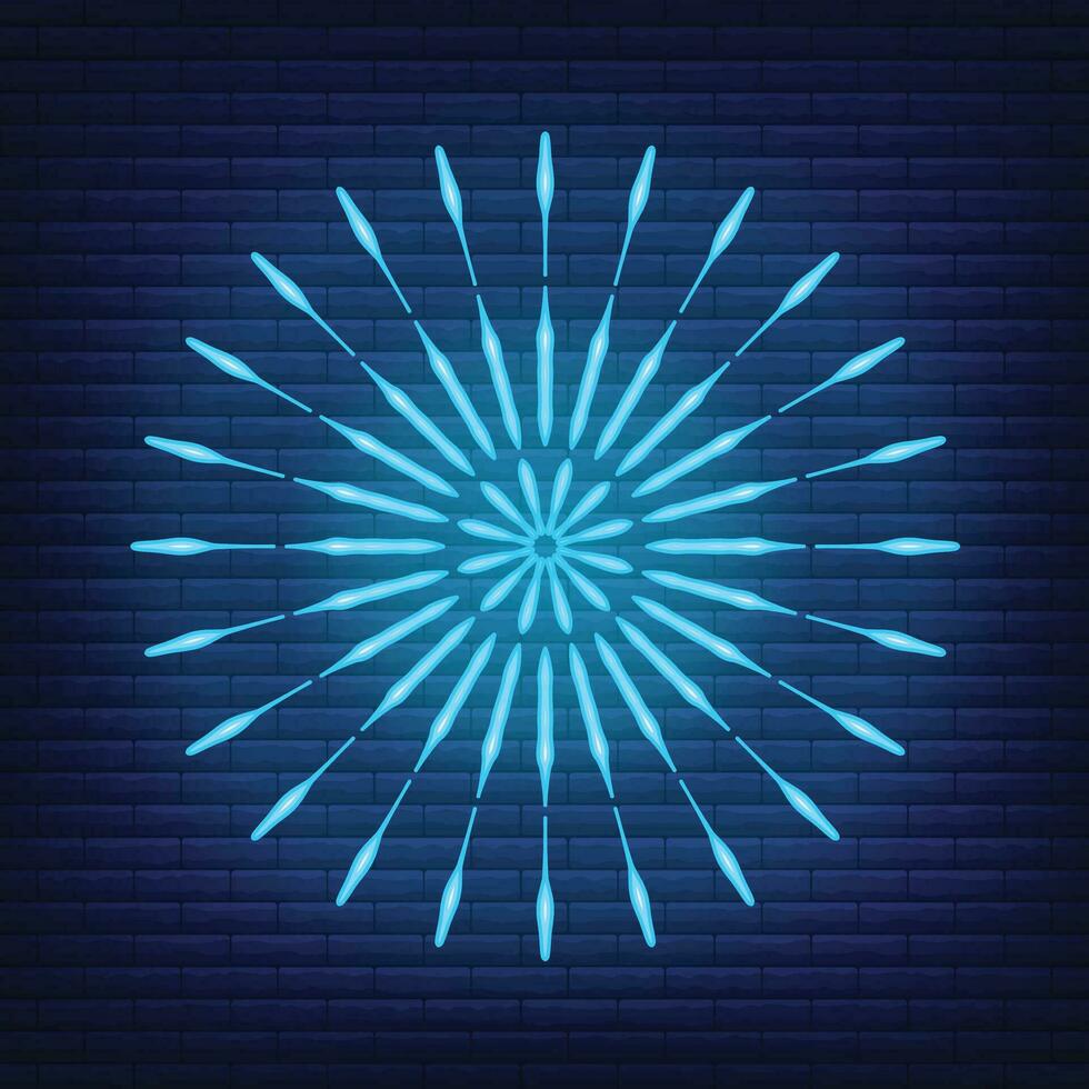 Retro design light sunburst neon style glow geometric shape, vintage rays sunlight explosion icon concept vector illustration, isolated on black wall.
