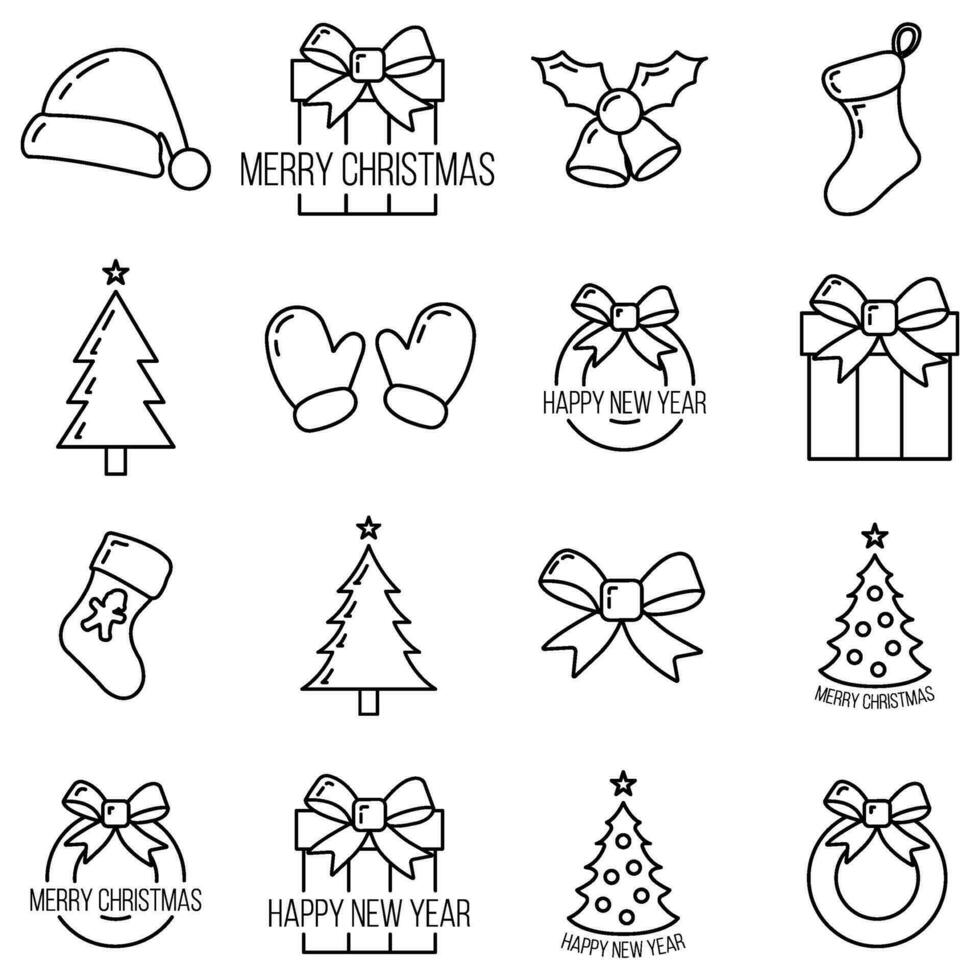 concepto conjunto de Navidad dieciséis icono, contorno estilo, contento nuevo año y alegre Navidad plano vector ilustración, aislado en blanco, fiesta invierno tiempo.