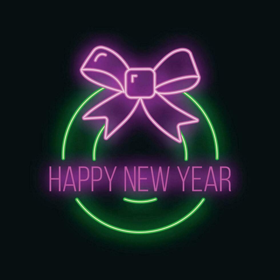 Concept christmas wreath icon green neon glow style, happy new year and merry christmas flat vector illustration, isolated on black.