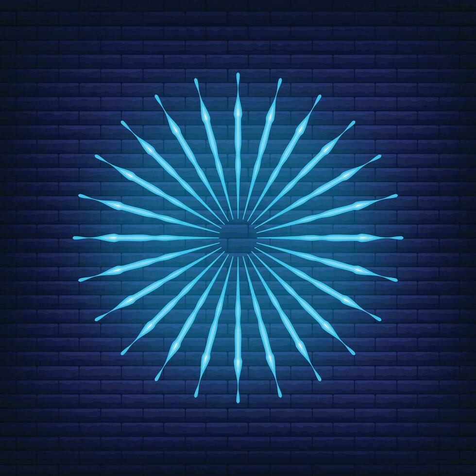 Retro design light sunburst neon style glow geometric shape, vintage rays sunlight explosion icon concept vector illustration, isolated on black wall.