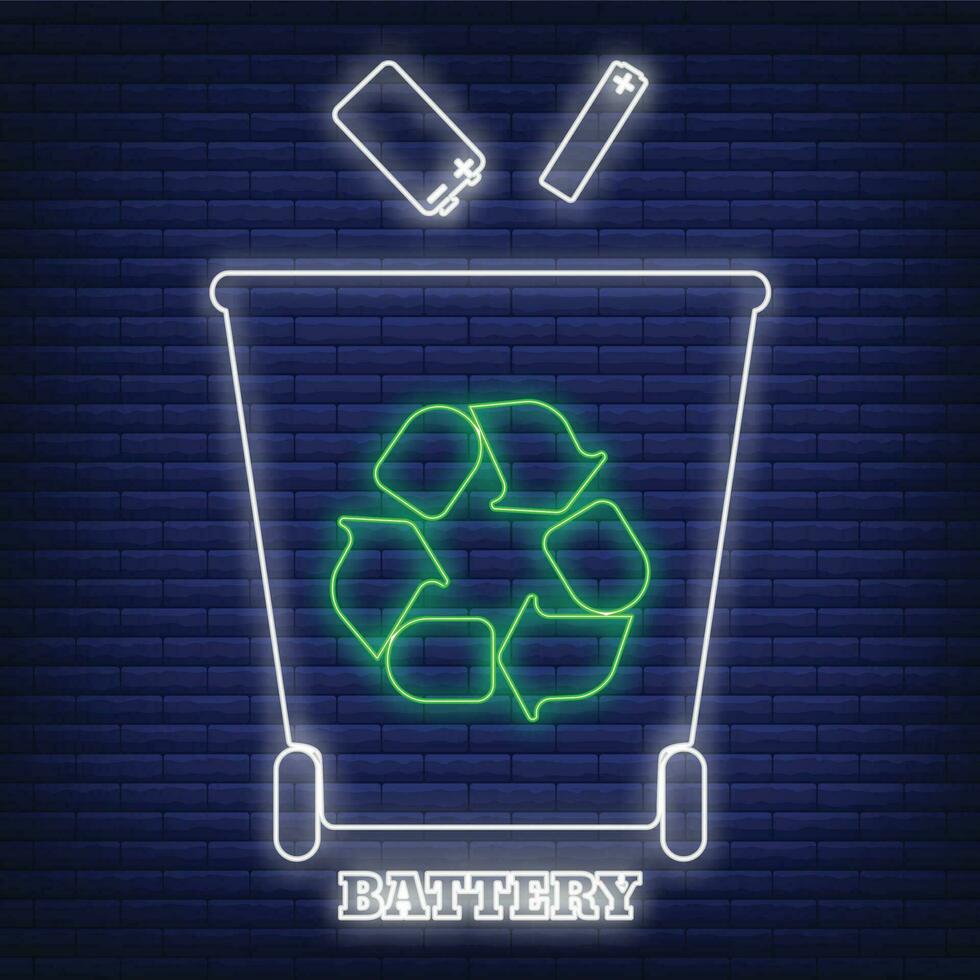 Battery recycling waste sorting container icon glow neon style, environmental protection label flat vector illustration, isolated on black.