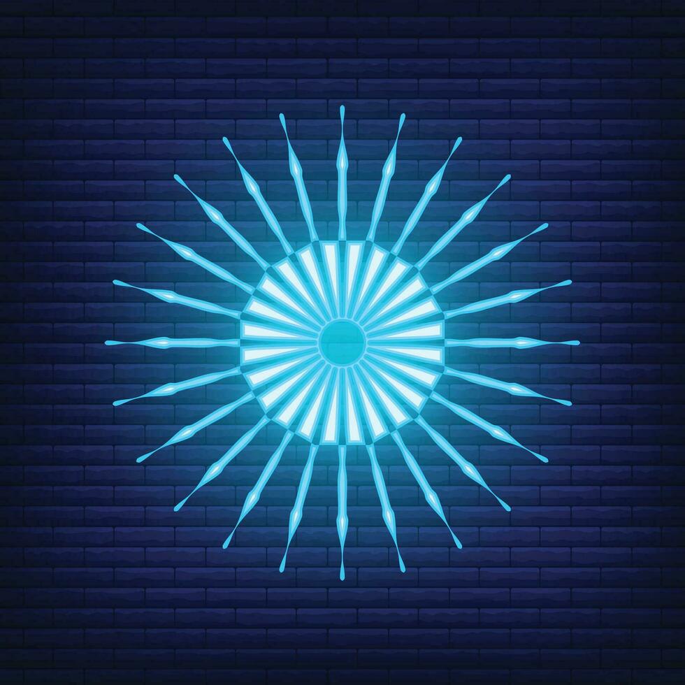 Retro design light sunburst neon style glow geometric shape, vintage rays sunlight explosion icon concept vector illustration, isolated on black wall.