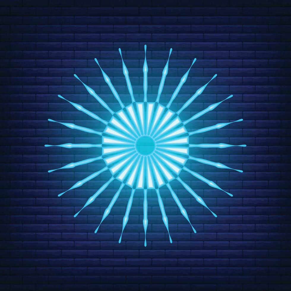 Retro design light sunburst neon style glow geometric shape, vintage rays sunlight explosion icon concept vector illustration, isolated on black wall.