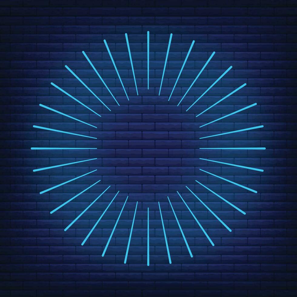 Retro design light sunburst neon style glow geometric shape, vintage rays sunlight explosion icon concept vector illustration, isolated on black wall.