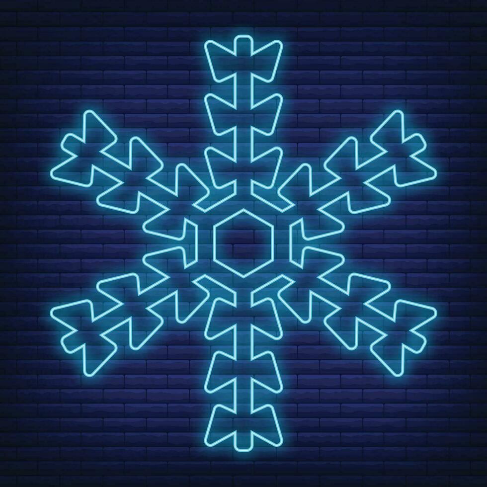 Snow snowflake icon glow neon style, concept weather condition outline flat vector illustration, isolated on black. Brick background.