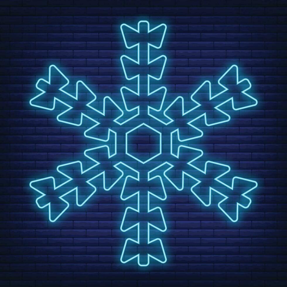 Snow snowflake icon glow neon style, concept weather condition outline flat vector illustration, isolated on black. Brick background.