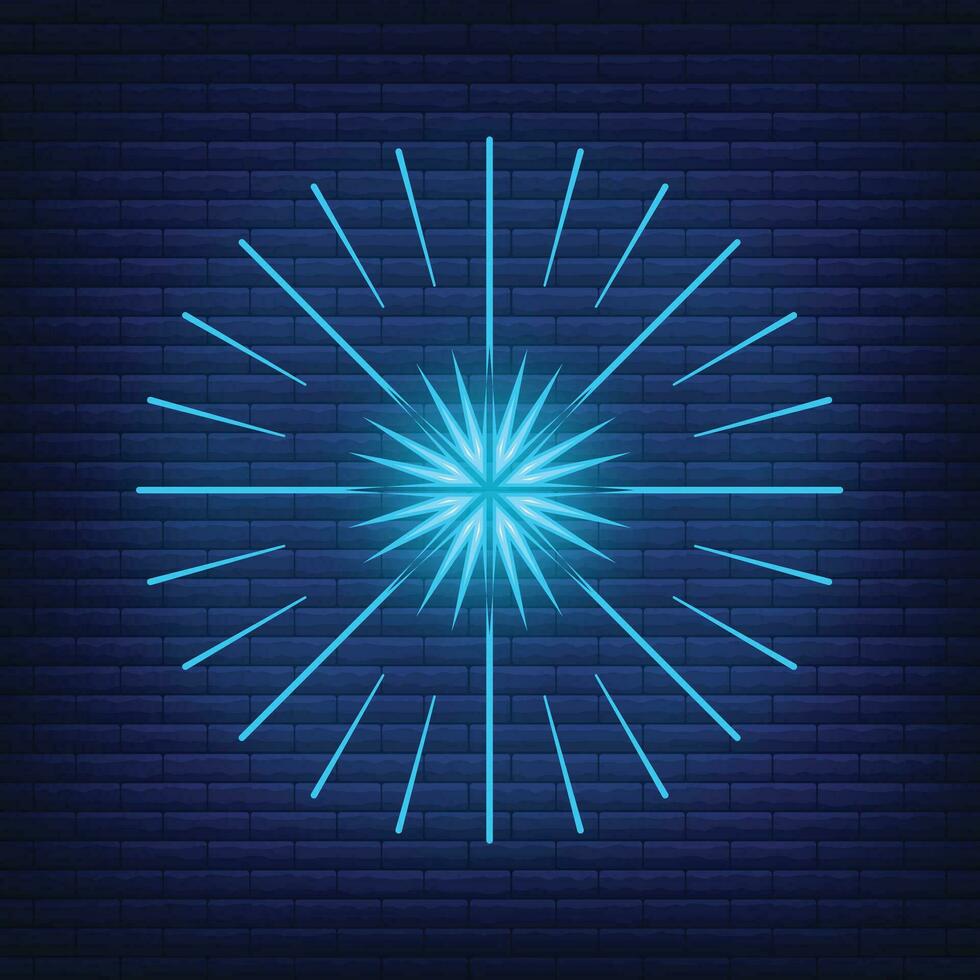 Retro design light sunburst neon style glow geometric shape, vintage rays sunlight explosion icon concept vector illustration, isolated on black wall.