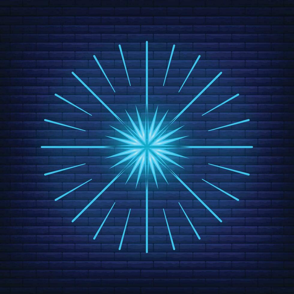 Retro design light sunburst neon style glow geometric shape, vintage rays sunlight explosion icon concept vector illustration, isolated on black wall.