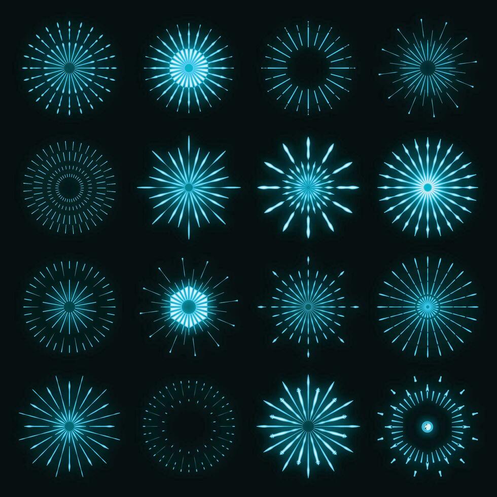 Retro set of light sunburst neon style glow geometric shape, vintage rays sunlight explosion icon concept vector illustration, isolated on black wall.
