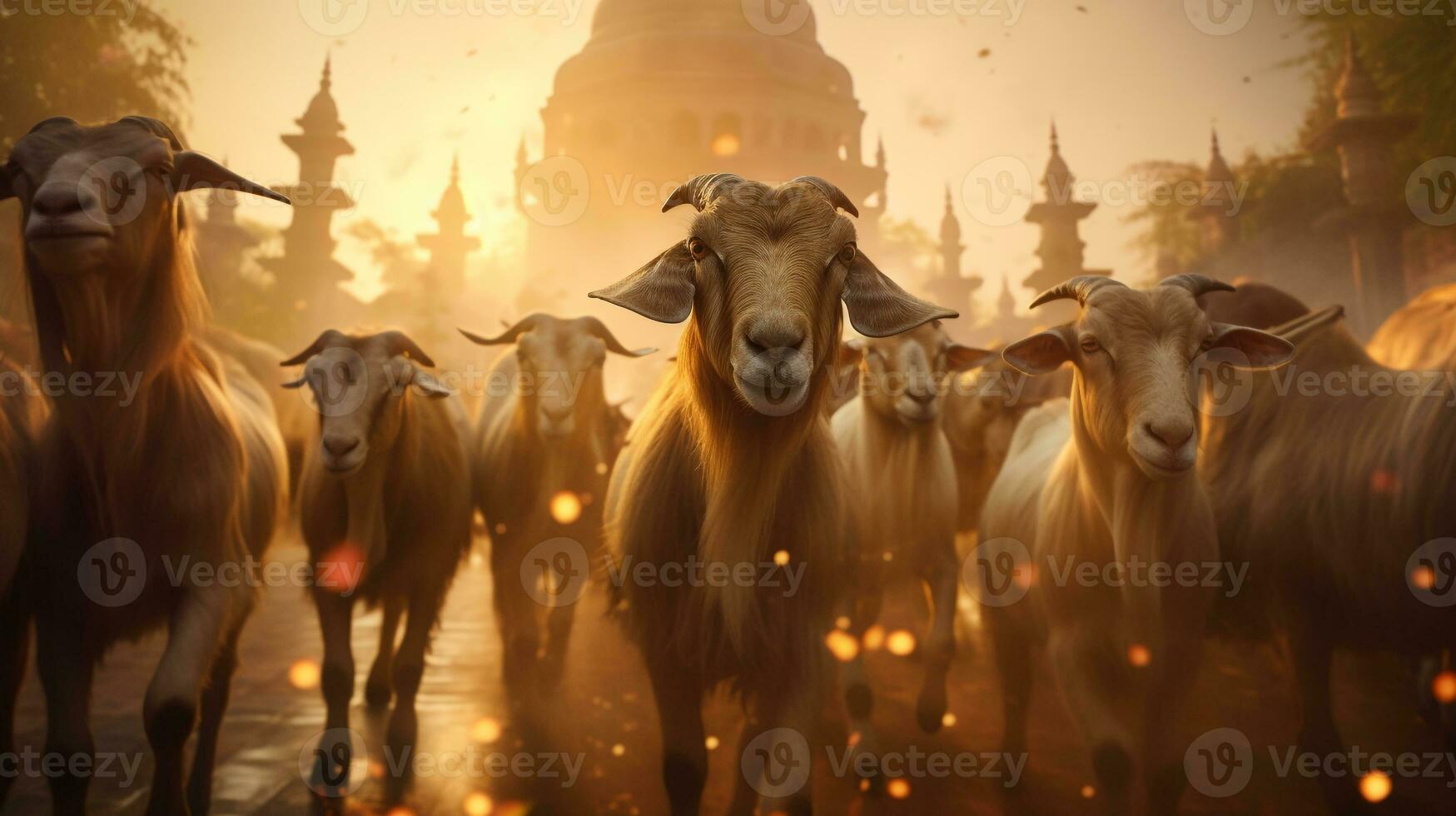 Group of goats for Eid Al Adha who gathered near the magnificent mosque, generated by artificial intelligence. photo