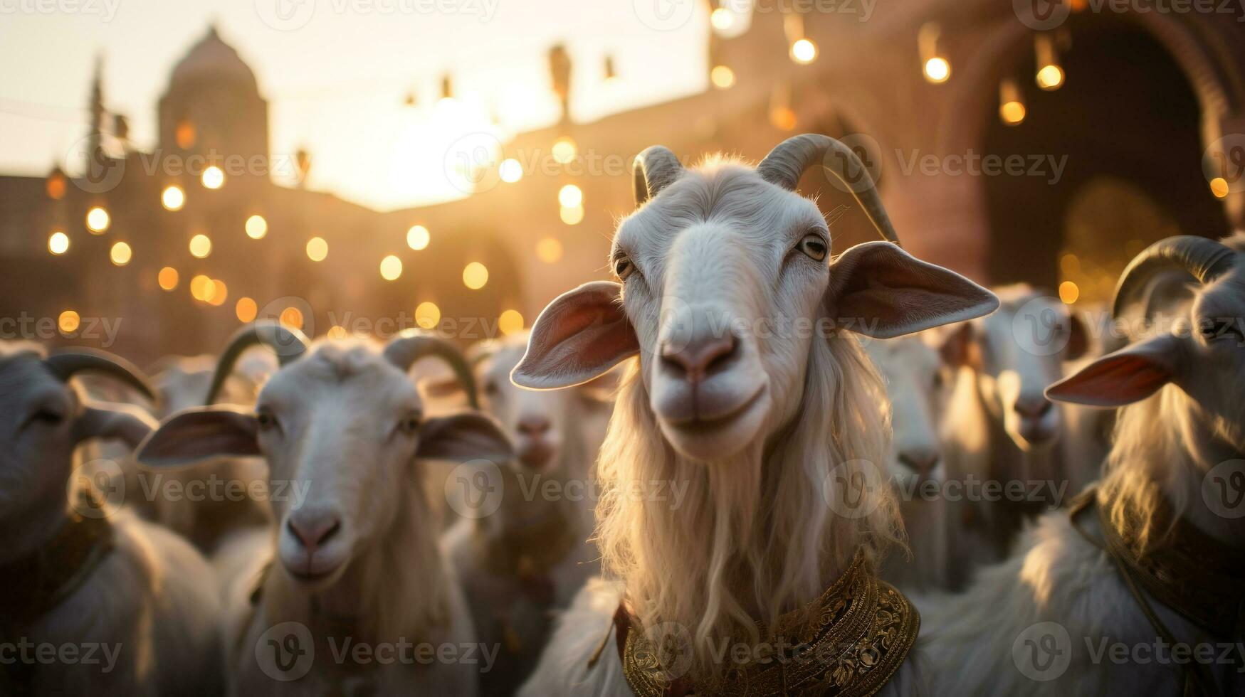 Group of goats for Eid Al Adha who gathered near the magnificent mosque, generated by artificial intelligence. photo
