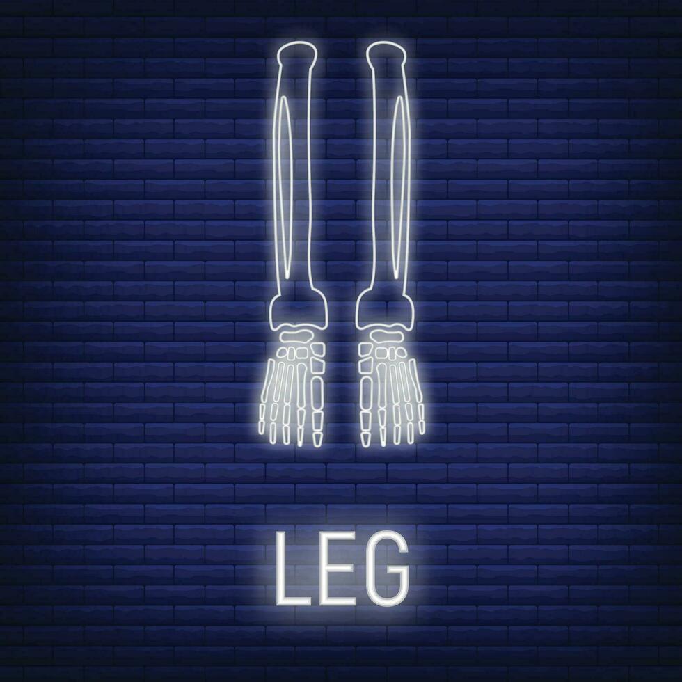 Concept leg bone icon glow neon style, skeleton part organism, roentgen human body image isolated on black, flat vector illustration.