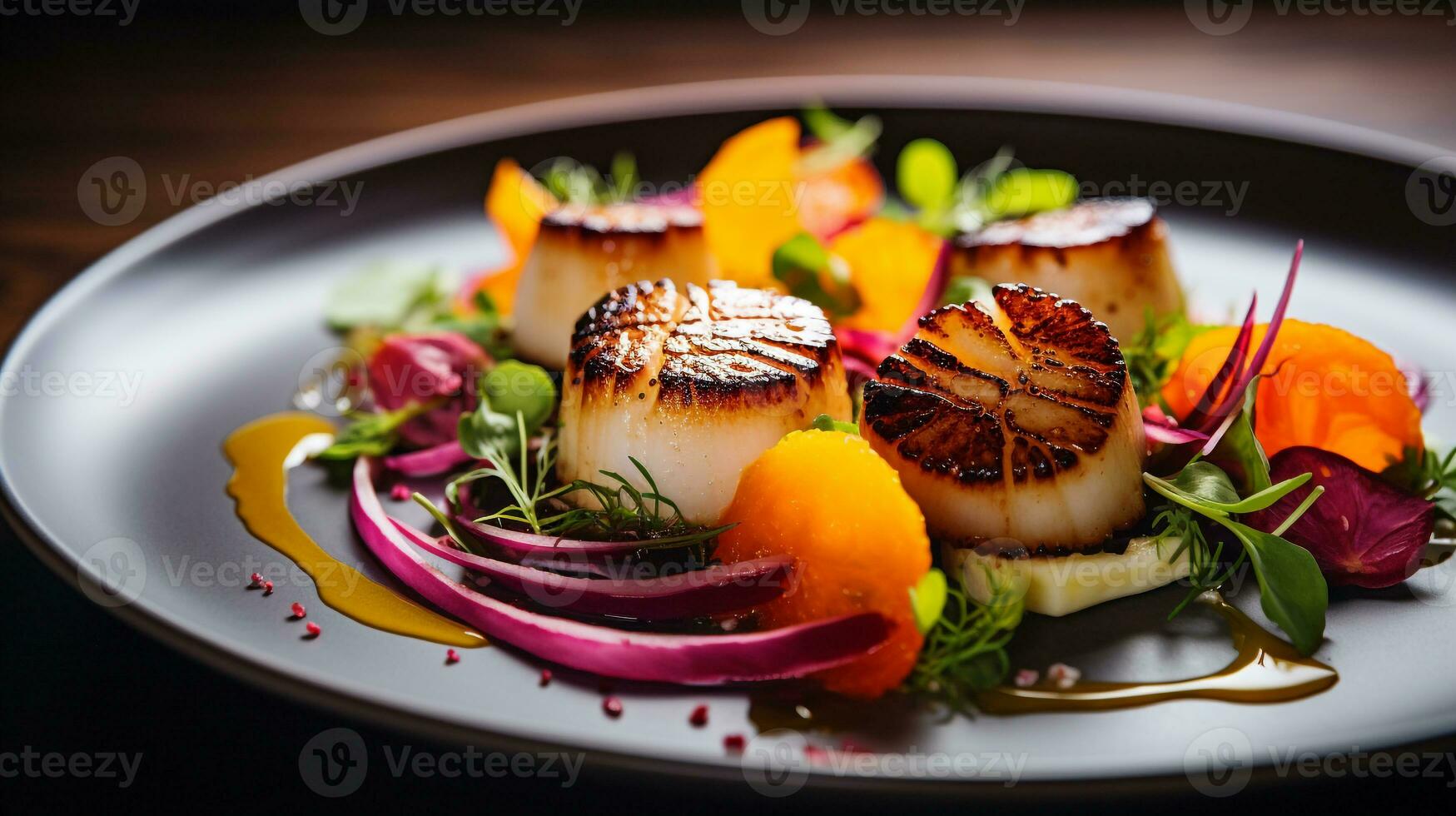 Dish of seafood featuring seared scallops, generated by artificial intelligence. 26227235 Stock