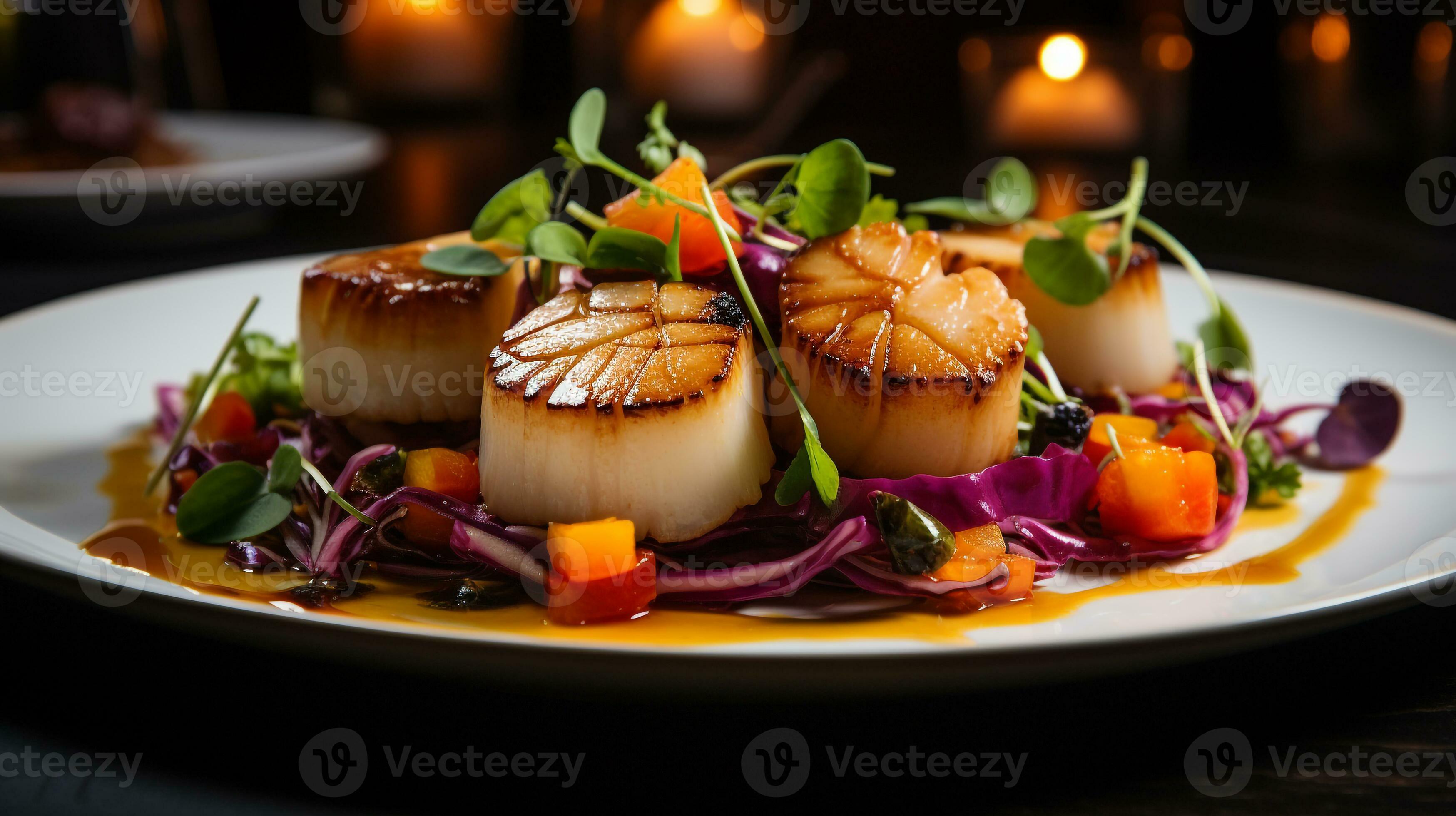 Dish of seafood featuring seared scallops, generated by artificial intelligence. 26227239 Stock