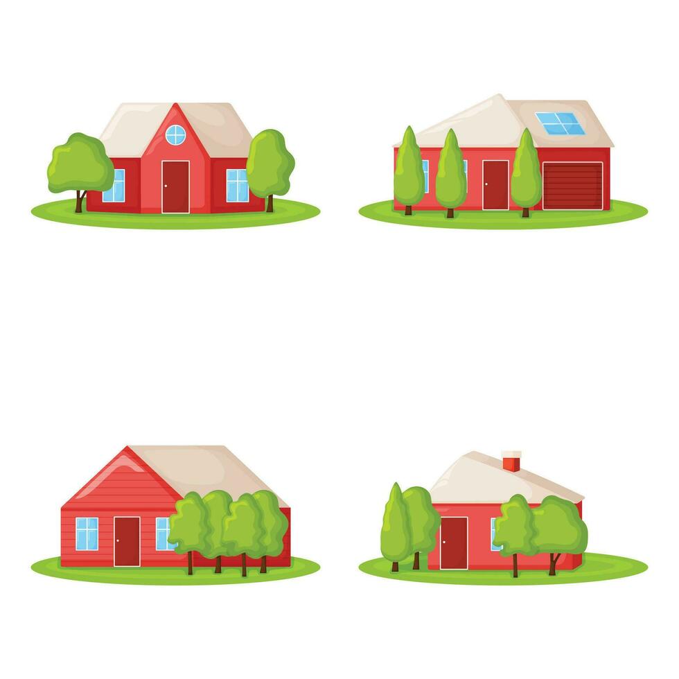 Set of cute red country house with tree, summer cottage building on green field modern cartoon vector illustration, isolated on white.