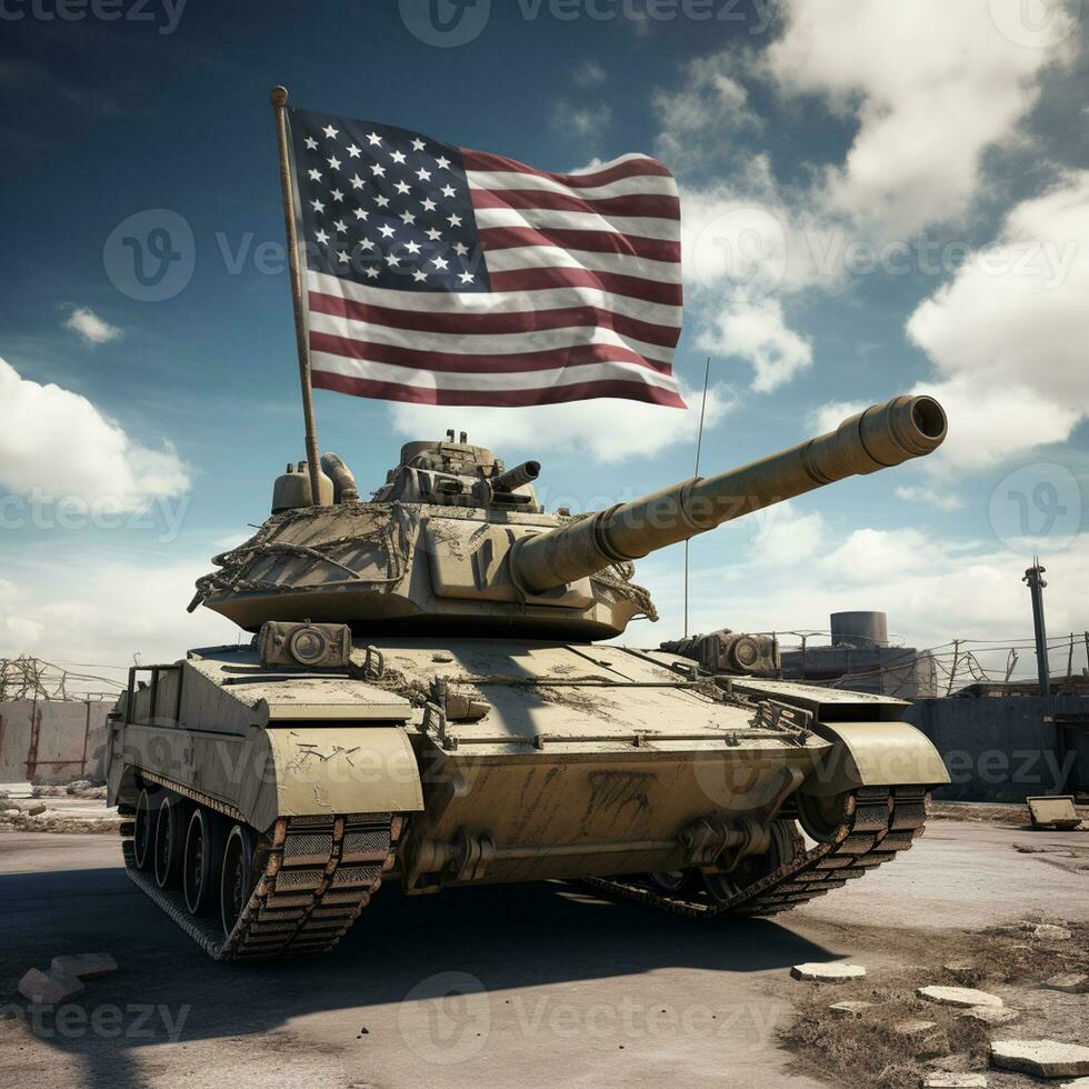 American tank with the flag as background during independence day, generated by artificial intelligence photo