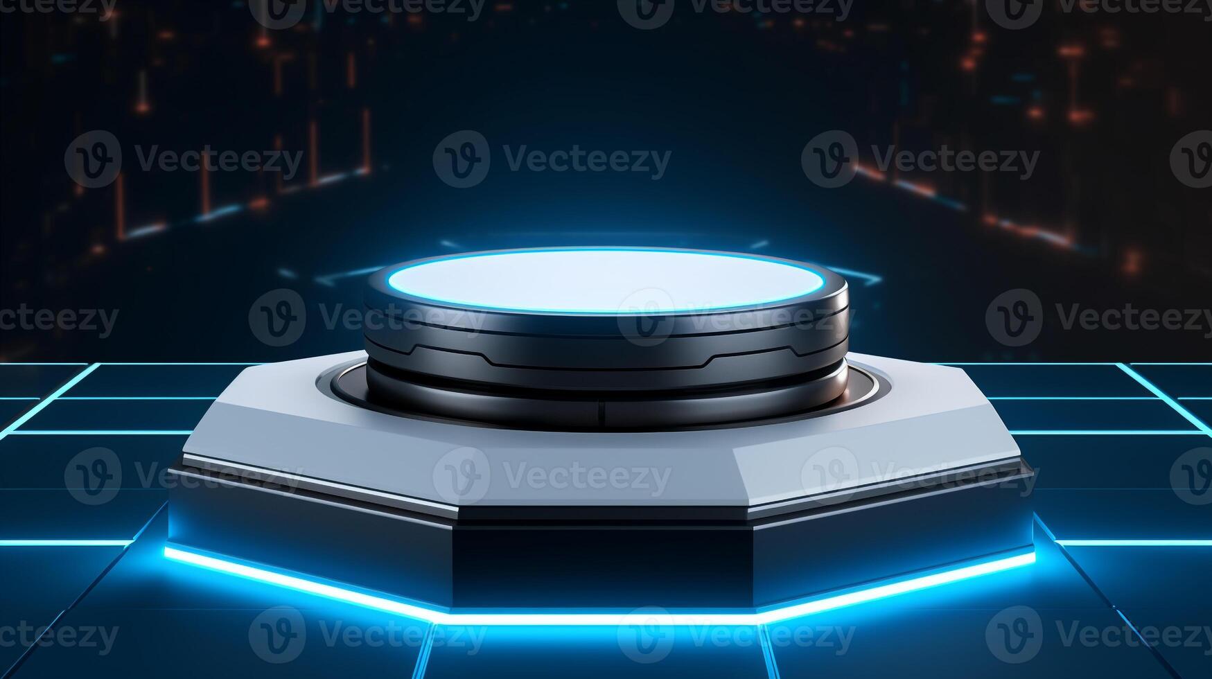 Futuristic 3D Podium with Blue Light for product presentation. photo