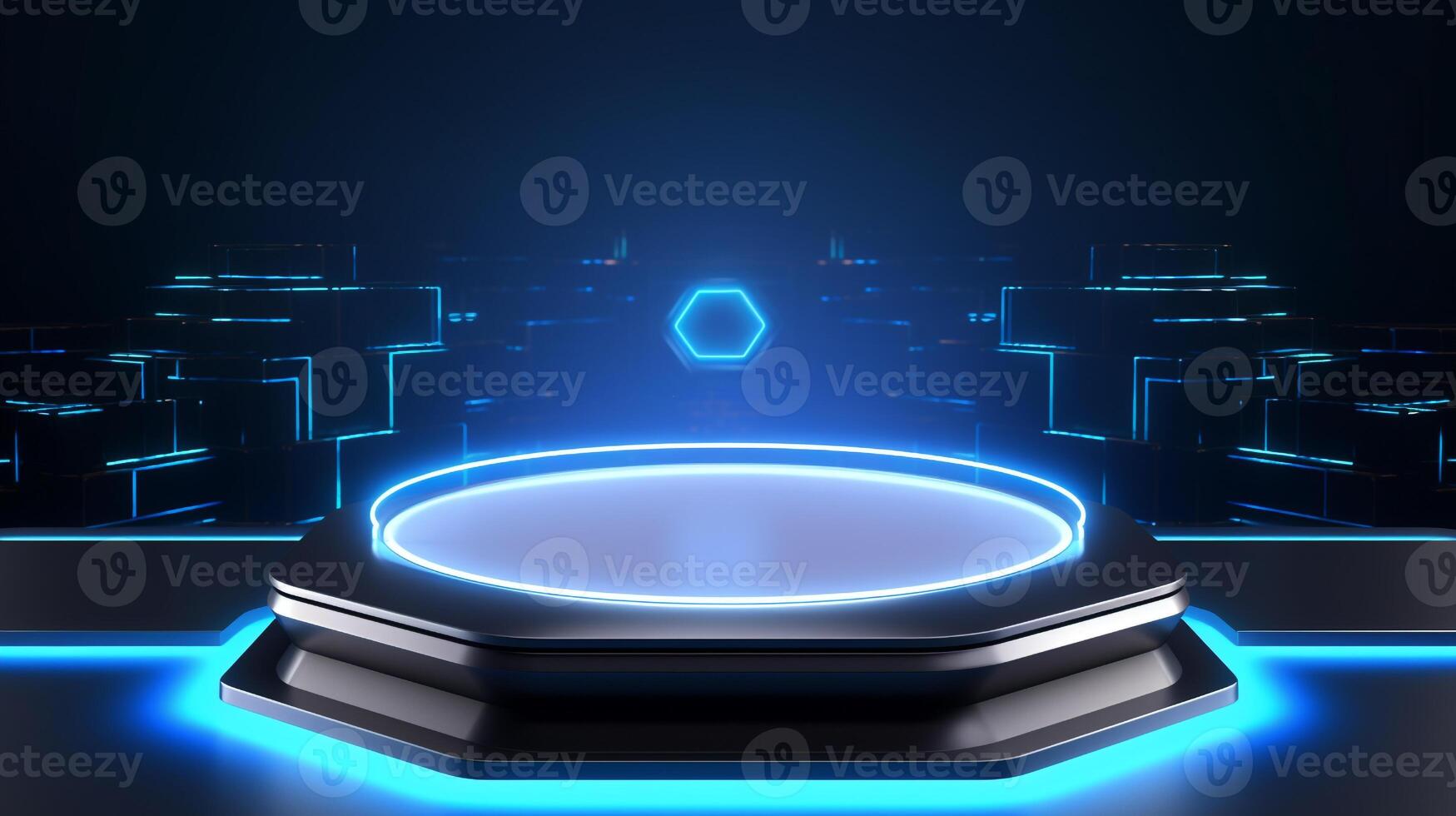 Futuristic 3D Podium with Blue Light for product presentation. photo
