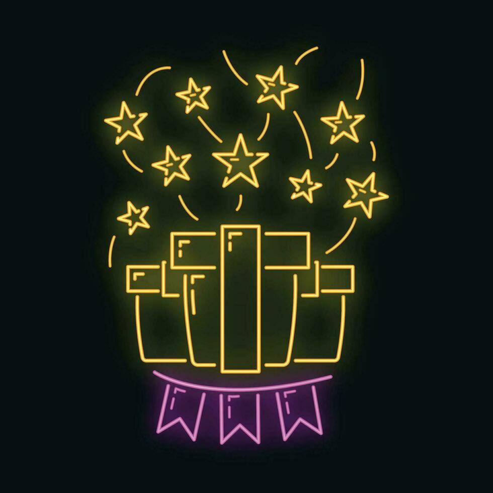 Concept happy new year and merry christmas neon glow style icon, xmas label holiday winter time flat vector illustration, isolated on black.