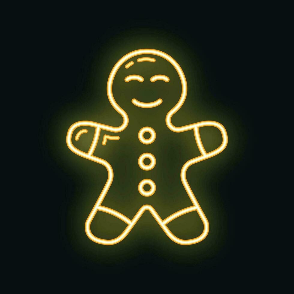 Concept happy new year, merry christmas gingerbread man icon, neon glow xmas label holiday winter time flat vector illustration, isolated on white.